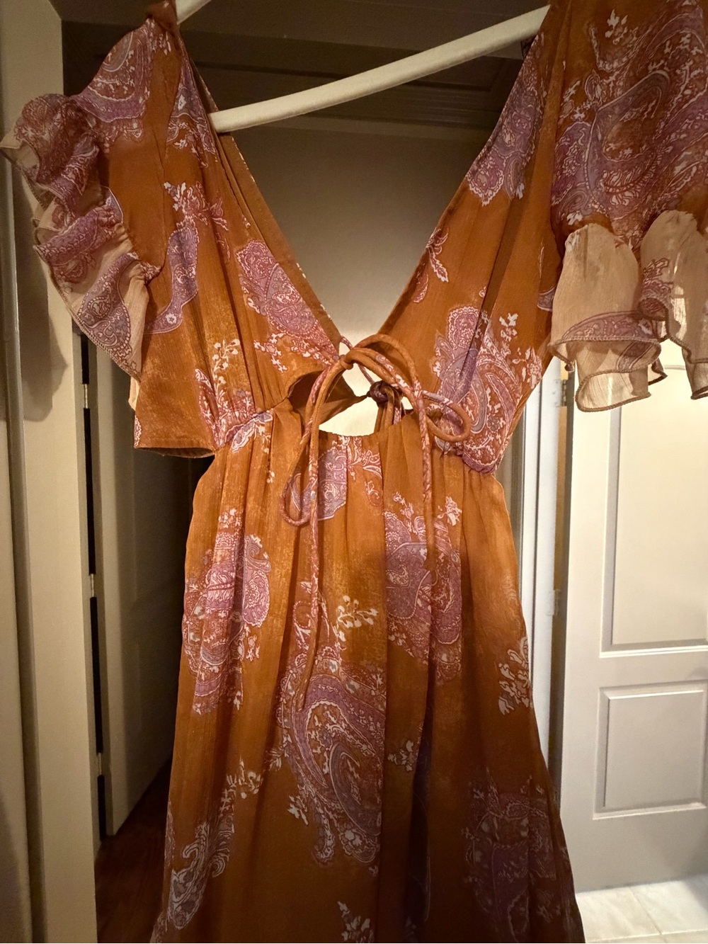 ASOS Rust Paisley Backless Tie-Back Maxi Dress with Lavender/Pink Accents 6